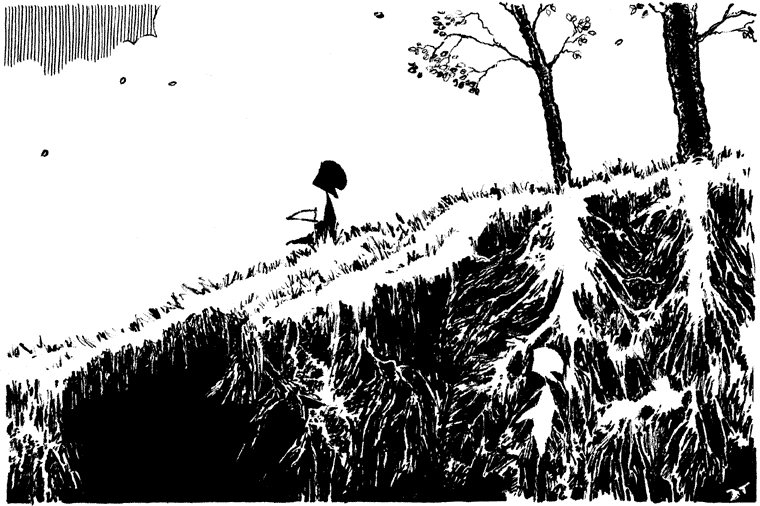Buttercup Festival comic where the protagonist is sitting under tree, but in their imagination they are exploring the roots